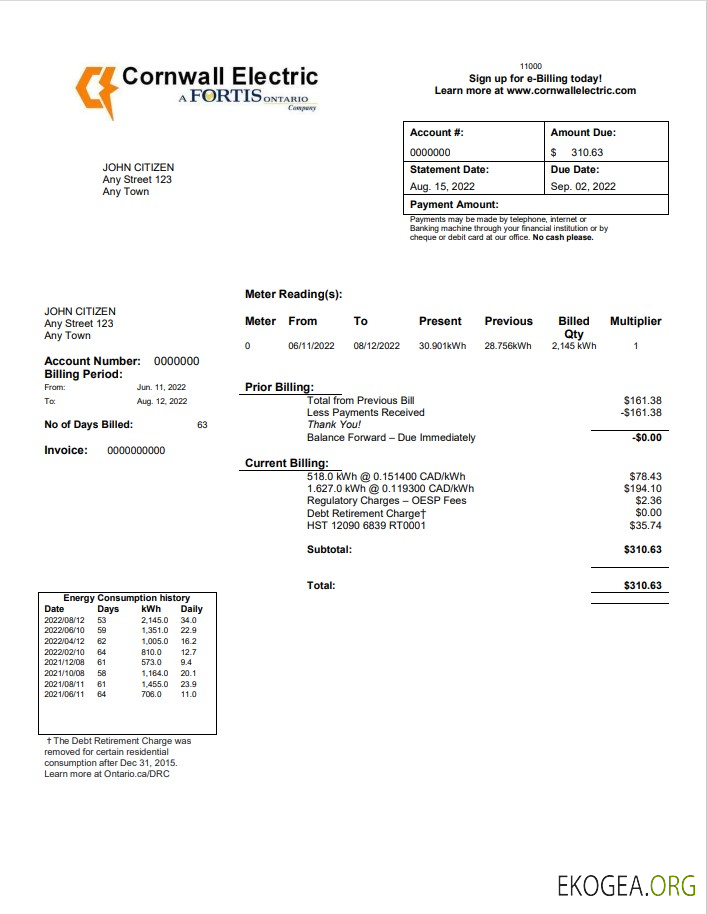 USA Cornwall Electric utility bill template in Word and PDF format